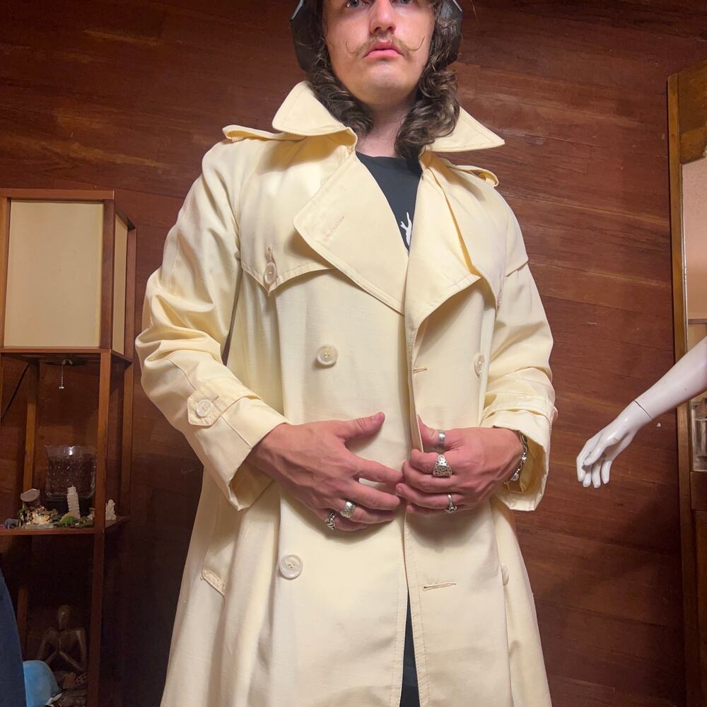 VINTAGE 70s Western Duster Trench Coat Size S Cream Belted Mod Double Breast